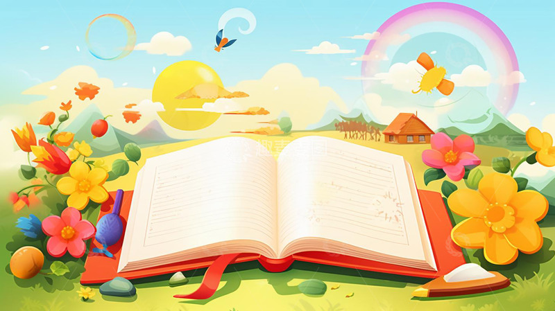 高清大图下载【趣麦麦图】卡通书本花朵读书日插画展板背景