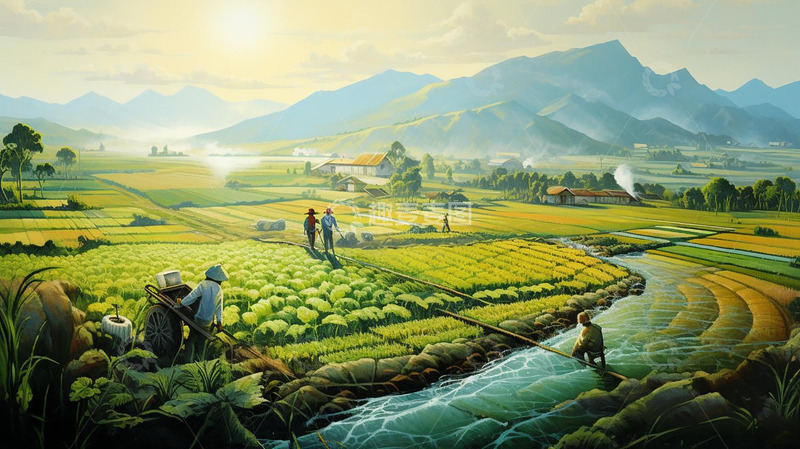 高清大图下载【趣麦麦图】春天谷雨农耕耕田插秧背景