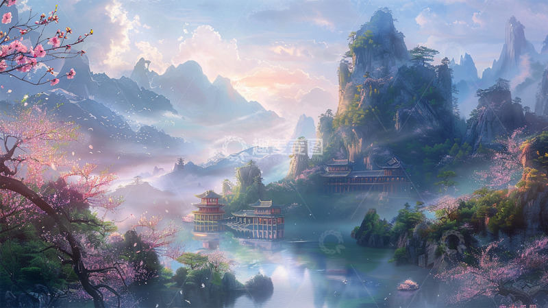 高清大图下载【趣麦麦图】中国风建筑山水自然场景插画