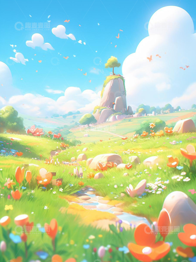 高清大图下载【趣麦麦图】春天风吹云动满山花开图片