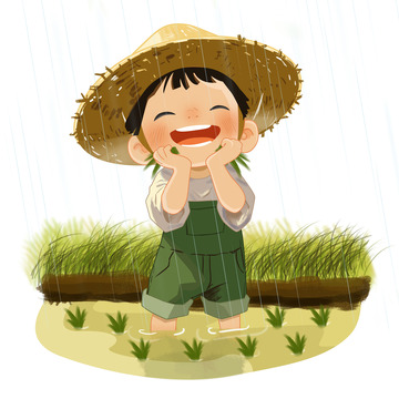 谷雨农耕场景插秧儿童插画