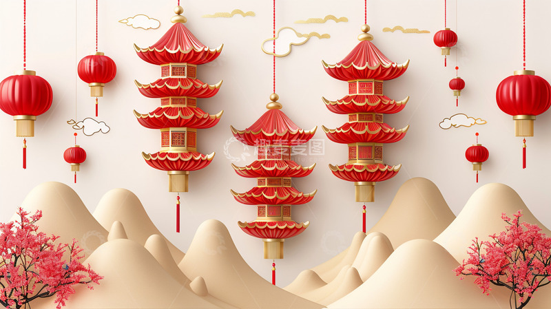 高清大图下载【趣麦麦图】灯笼中国风立体植物场景