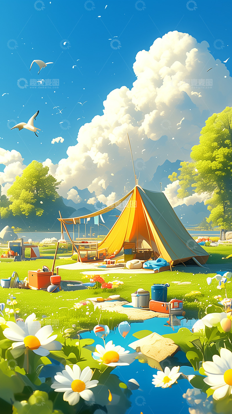高清大图下载【趣麦麦图】春天户外露营插画背景