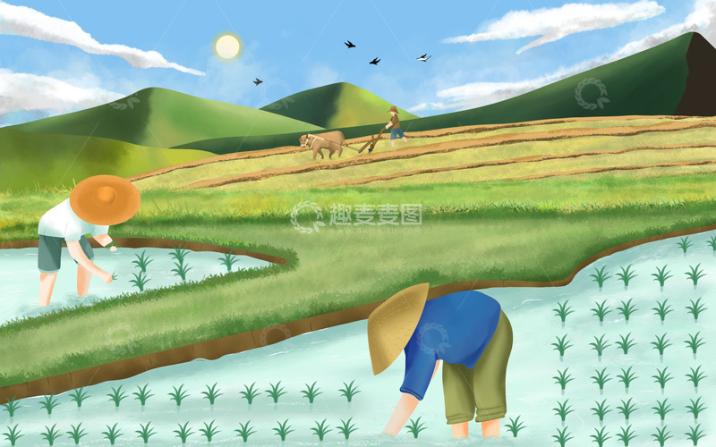 源文件下载【趣麦麦图】谷雨农耕背景插画