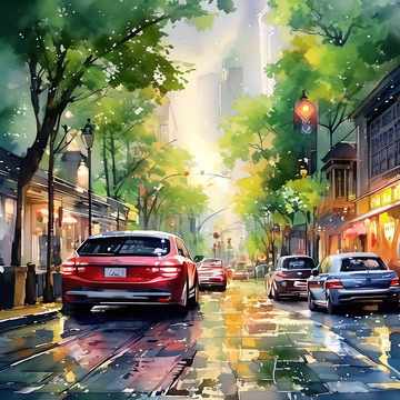 城市水彩画风景