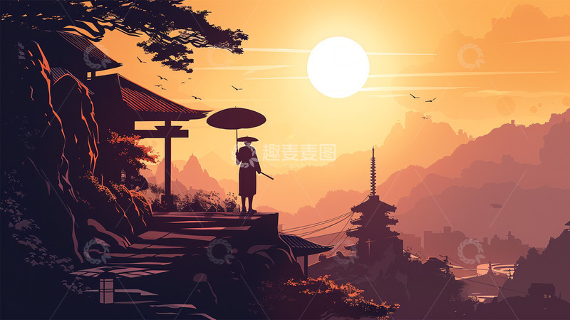 高清大图下载【趣麦麦图】中国风山水人物太阳场景古风