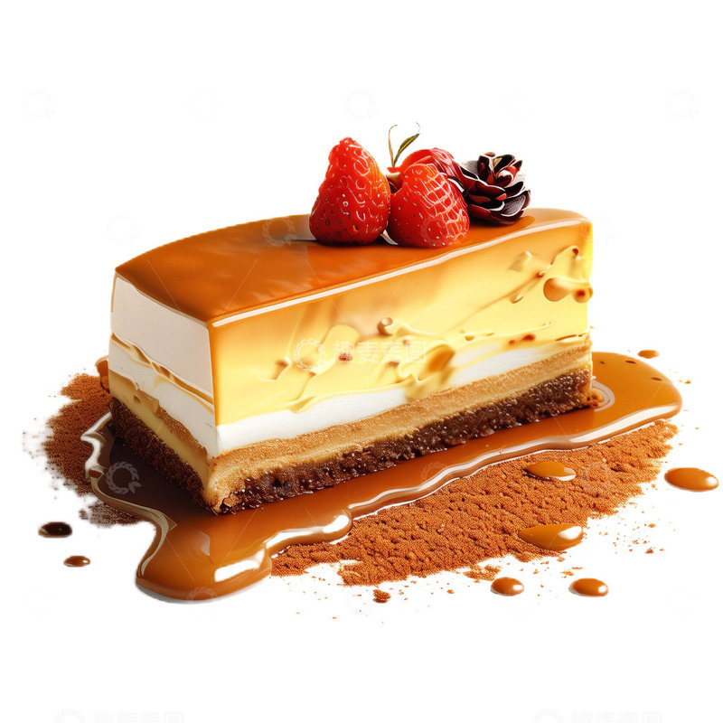 高清大图下载【趣麦麦图】3D真实立体焦糖芝士蛋糕草莓