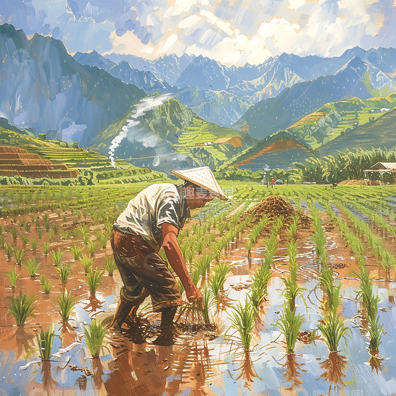 高清大图下载【趣麦麦图】稻田插秧插画