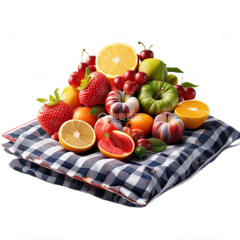 高清大图下载【趣麦麦图】3D立体真实水果蓝色格子布野餐户外