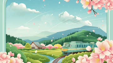 春天火车田园风景插画背景