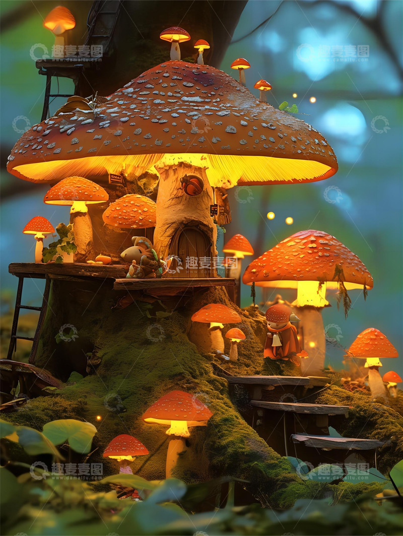 高清大图下载【趣麦麦图】梦幻发光蘑菇屋