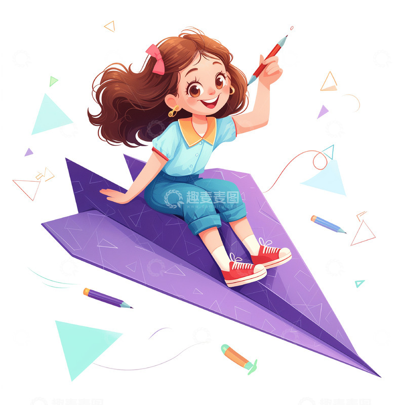 高清大图下载【趣麦麦图】可爱女孩坐在纸飞机上卡通风格