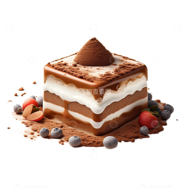 高清大图下载【趣麦麦图】3D真实立体提拉米苏蛋糕甜品西餐方形