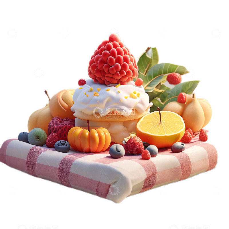 高清大图下载【趣麦麦图】3D真实立体格子布水果甜品
