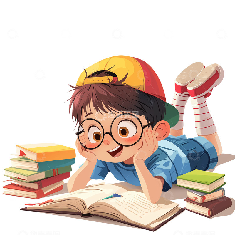 高清大图下载【趣麦麦图】趴着看书的可爱小男孩卡通风格