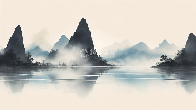 高清大图下载【趣麦麦图】中国风山水植物水墨黑白插画