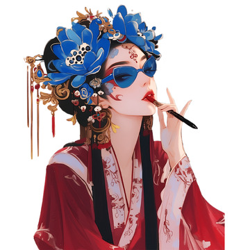 手拿口红国潮人物插画