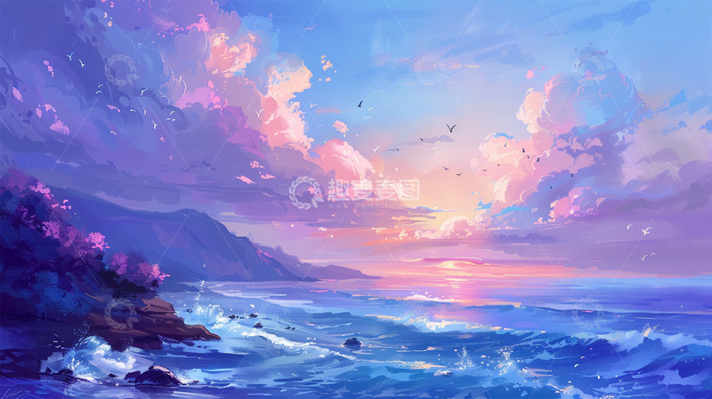 高清大图下载【趣麦麦图】海边云山水唯美场景紫色