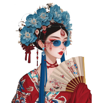 国潮女人国风插画电商素材