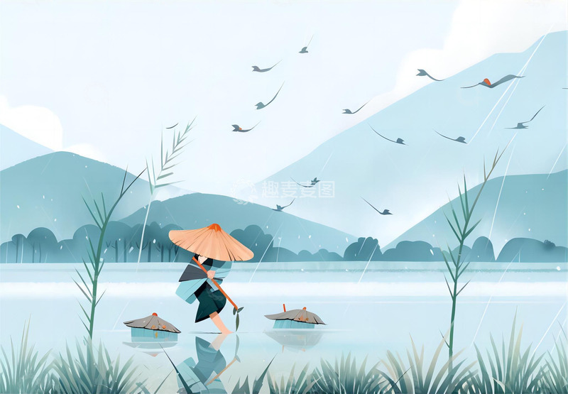 高清大图下载【趣麦麦图】谷雨耕田插画