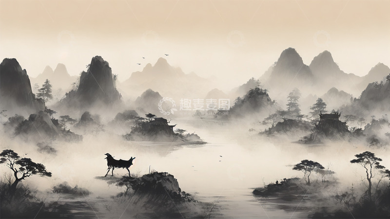 高清大图下载【趣麦麦图】山水中国风黑白水墨植物场景