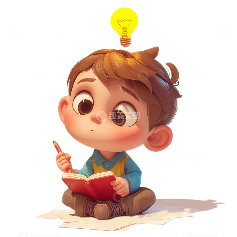 高清大图下载【趣麦麦图】3D卡通风格思考的小男孩