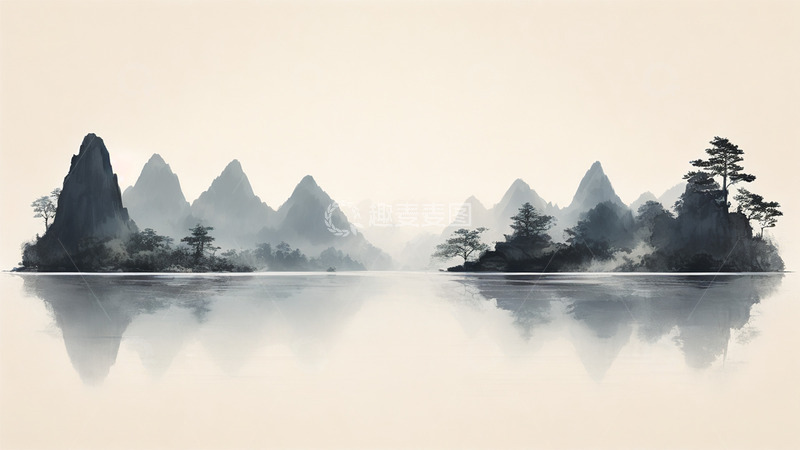 高清大图下载【趣麦麦图】植物中国风山水水墨黑白插画