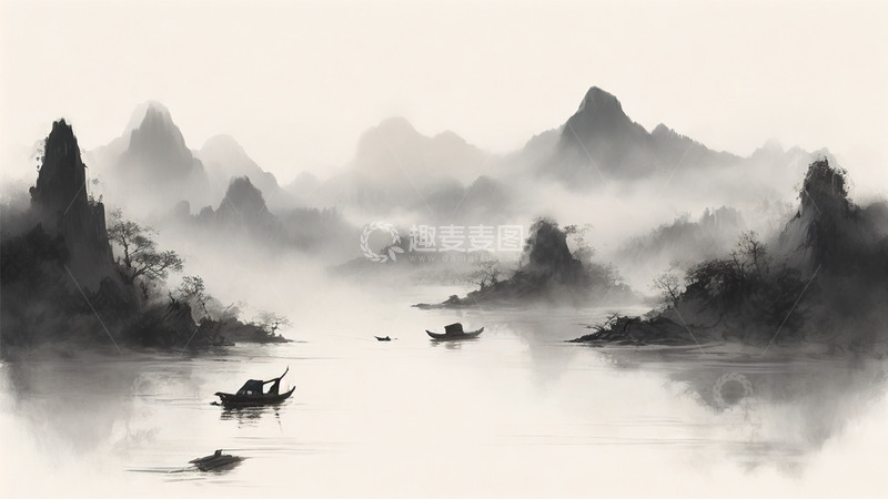 高清大图下载【趣麦麦图】黑白山水中国风水墨植物场景