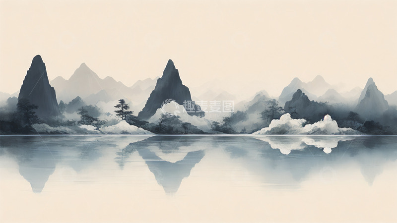 高清大图下载【趣麦麦图】中国风植物水墨黑白山水插画