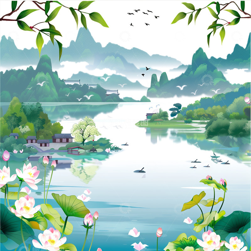 高清大图下载【趣麦麦图】中国风江南风光山水插画