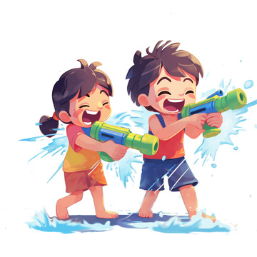 玩水打水仗的兄妹