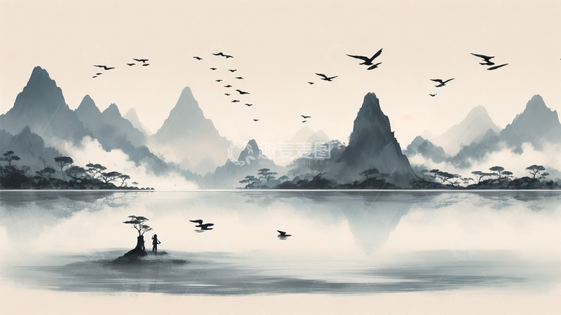 高清大图下载【趣麦麦图】中国风植物山水水墨黑白插画