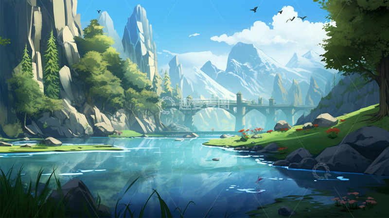 高清大图下载【趣麦麦图】山水建筑桥春天唯美场景