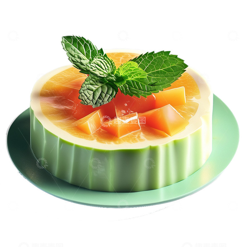 高清大图下载【趣麦麦图】3D真实立体薄荷蜜瓜软酪甜品蛋糕