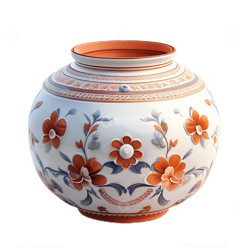 高清大图下载【趣麦麦图】3D真实立体陶罐罐子装饰花朵