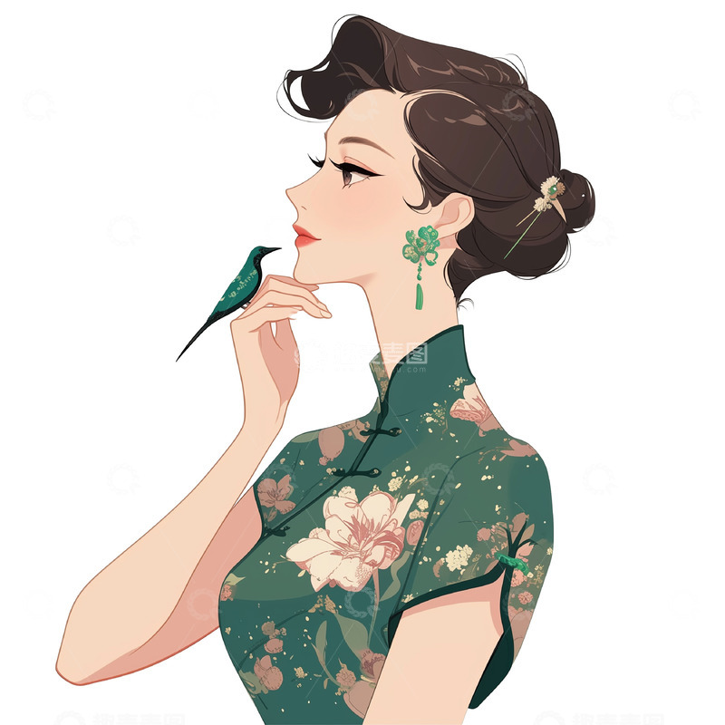高清大图下载【趣麦麦图】绿色旗袍女人与鸟插画素材