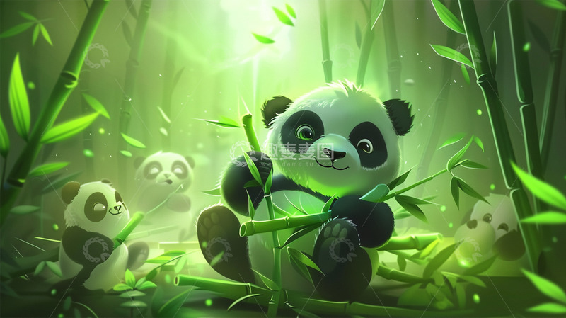 高清大图下载【趣麦麦图】熊猫可爱卡通绿色竹子竹林场景