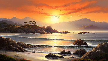 山水风景美景太阳海边海浪场景