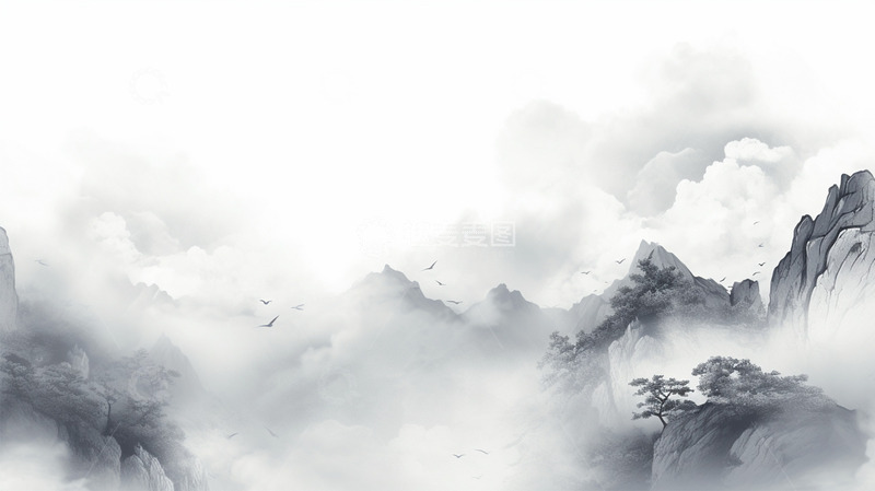 高清大图下载【趣麦麦图】中国风水墨山水鸟云雾祥云场景