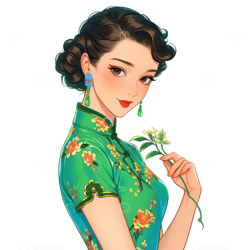 高清大图下载【趣麦麦图】-国潮旗袍女人插画素材