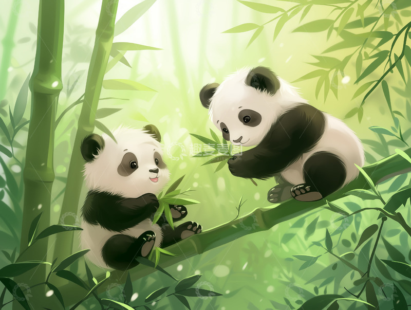 高清大图下载【趣麦麦图】两只可爱小熊猫插画背景