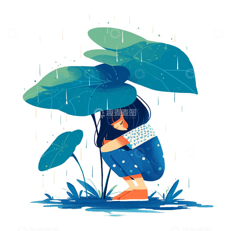 高清大图下载【趣麦麦图】谷雨遮雨女孩插画2