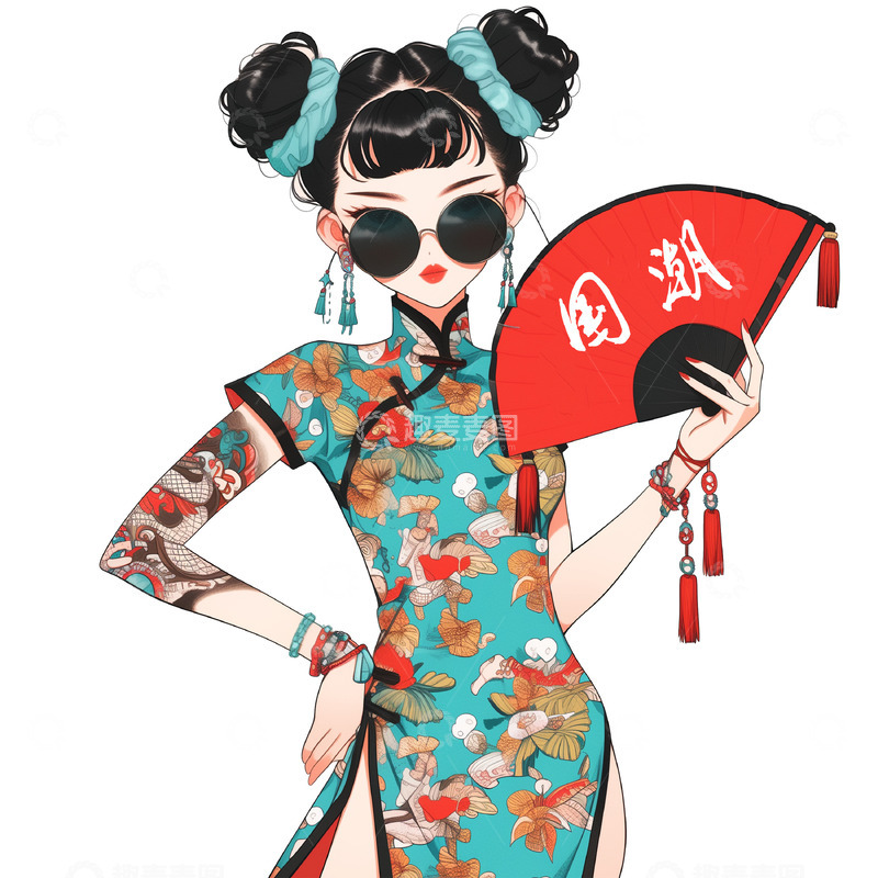 高清大图下载【趣麦麦图】拿扇子的国潮女人插画素材