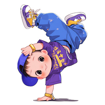 穿紫色T恤的卡通街舞小男孩