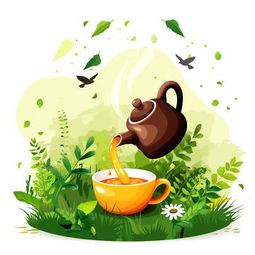 春季倒茶茶具燕子花草插画