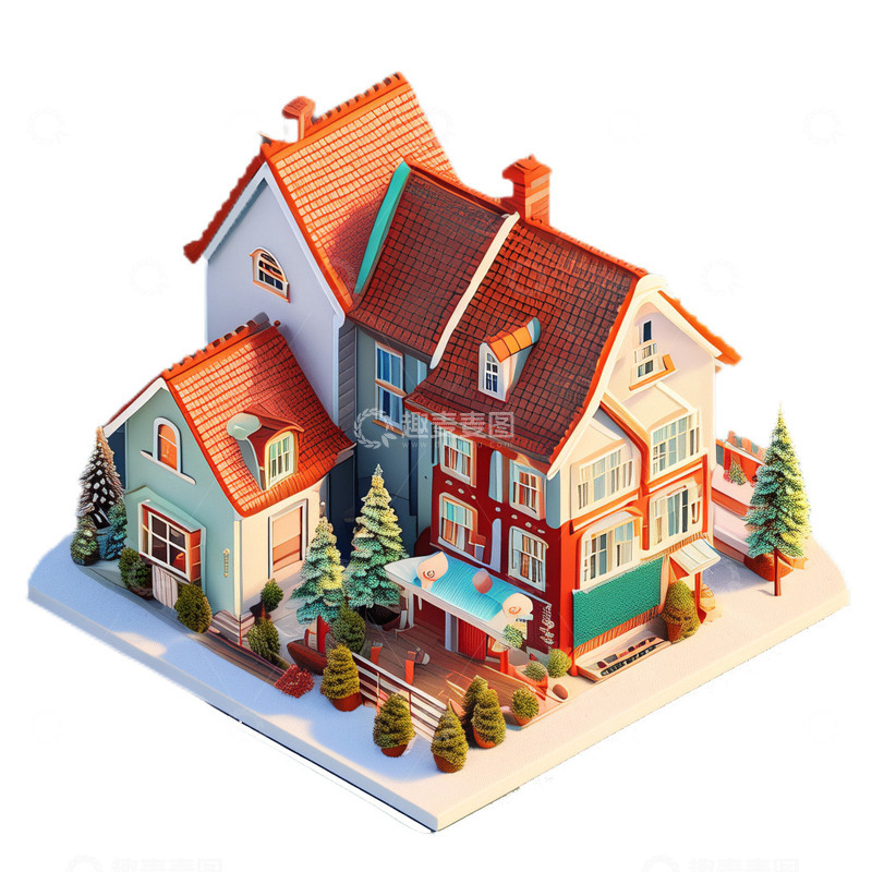 高清大图下载【趣麦麦图】3D立体卡通房子建筑欧式松树