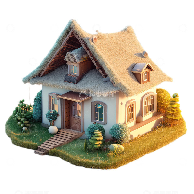 高清大图下载【趣麦麦图】3D立体卡通茅草屋农村生机勃勃