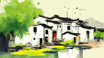 水墨江南小屋背景图