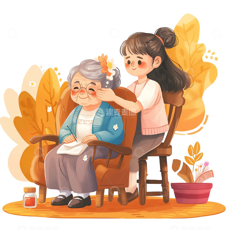 照顾老人卡通插画素材