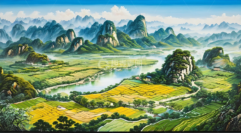 高清大图下载【趣麦麦图】中国风山水稻田唯美场景